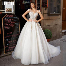 JEHETH - Original Scoop Neck Tulle Boho Chic Wedding Dresses 2022 Cap Sleeve Embroidery Lace Appliques Bridal Dress Robe Princess Mariage