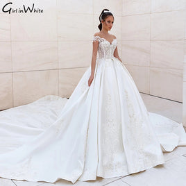 Original Ball Gown Wedding Dress 2021 Royal Satin Beaded Lace Appliques Off the Shoulder Princess Bride Gown Vestido De Noiva