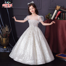 Original Shining Princess Tulle Scoop Flower Girl Dress Children First Communion Dress Ball Gown Wedding Party Dress Runway Show Pageant