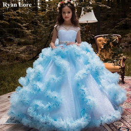 Original Blue Ruffles Ball Gown Flower Girl Dresses 2020 Appliques Crystal Princess Dress For Weddings Pageant Gowns Vestidos De Fiesta