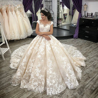 VINCA SUNNY - Original 2022 Champagne Ball Gown Wedding Dresses Scoop Neck Appliques Vestidos Cap Sleeves Lace Up Back Puffy Princess Wedding Gowns