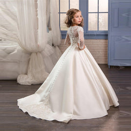 Original Princess Lace Stain Flower Girl Dresses for Wedding Sheer Long Sleeves First Communion Birthday Party Pageant Girls Gown