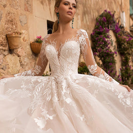 Original Sexy V-neck Appliques Tulle Wedding Dress Illusion Backless Long Sleeve Princess Bride Lace Wedding Gowns Drop Shipping