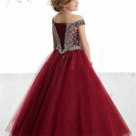 Original Princess Long Flower Girl Dresses New Off-the-shoulder Beads Crystals Sleeveless Tulle Ball Gown Kid&#39;s Gowns Child Pageant Dress