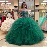 Original Exquisite Crystals Emerald Green Quinceanera Dresses Sweetheart Corset Puffy Ruffles Sweet 16 Girls Pageant Party Gowns