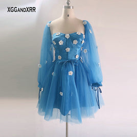 Original New Arrival Blue Puffy Sleeves Short Prom Dress 2022 Flower Crystal Girls Birthday Party Gown Sweet 15 16 Pageant Custom Made