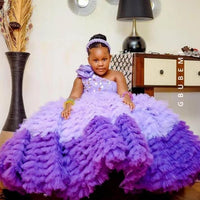 Original Purple Ruffles Tier Skirt Flower Girls&#39; Dresses One Shoulder Crystal Bow Tie Little Girls Pageant Dress 2021