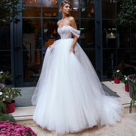 Original Charming Puffy Tulle Princess Wedding Dresses 2022 Off Shoulder Beading Sweetheart Short Sleeve White Ball Gown Vestido de Noiva