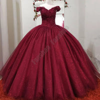 LISM - Original Luxury Ball Gown Quinceanera Dress Burgundy Off Shoulder Appliques Pageant Dress Long Sleeves Puffy Plus Size Formal Prom Gowns