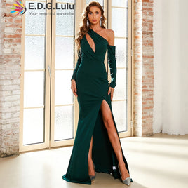 E.D.G.LULU - Original Sexy One Shoulder Long Sleeve Hollow Out Floor Length Dress For Women Split Maxi Long Mermaid Evening Party Dress 0628