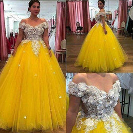 Original Gorgeous Yellow Quinceanera Dresses Lace Applique Beaded Tulle Off the Shoulder Handmade Flowers Custom Made Sweet 16 Princess P