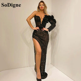 Original SoDigne 2022 Black Mermaid Evening Dresses Glitter Sequined Pleats Long Side Split Prom Gowns Women Elegant Formal Party Dress