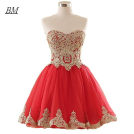 Original Cheap Red Short Prom Dresses 2021 Puffy Tulle Formal Evening Party Graduation Gold Appliques Special Occasion Gowns BM762