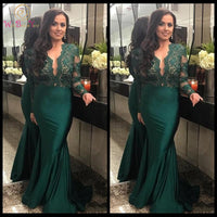 DOVE&OLIVE - 2022 Original Dark Green Illusion Long Sleeves Evening Dresses With Deep V Neck Lace Mermaid Prom Dress Long Party Gowns