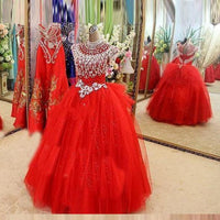 Original Red Flower Girl Dress Beaded Crystal Organza Floor Length Girls Pageant Ball Gowns Princess Long Flower Girl Dresses For Wedding